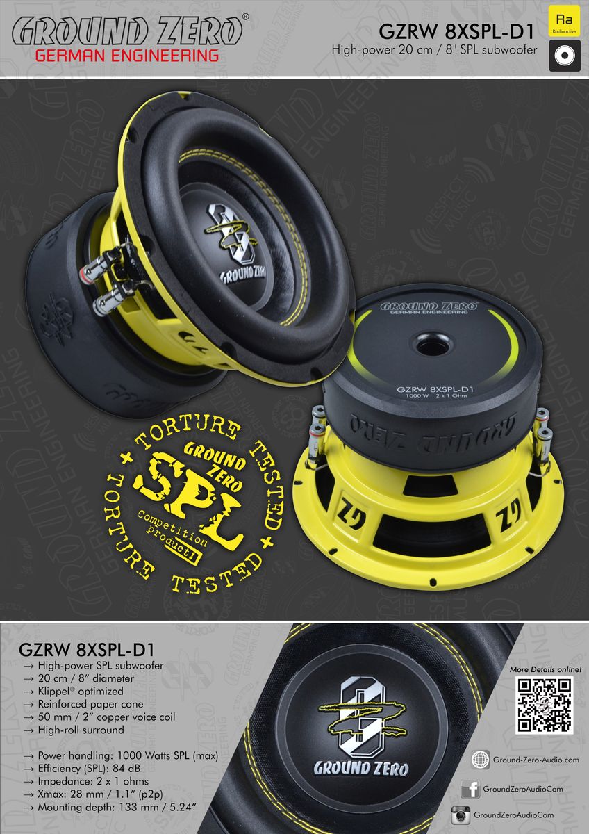 Ground Zero GZRW 8XSPL-D1 8” Radioactive Subwoofer 2x1 Ohm 500W RMS