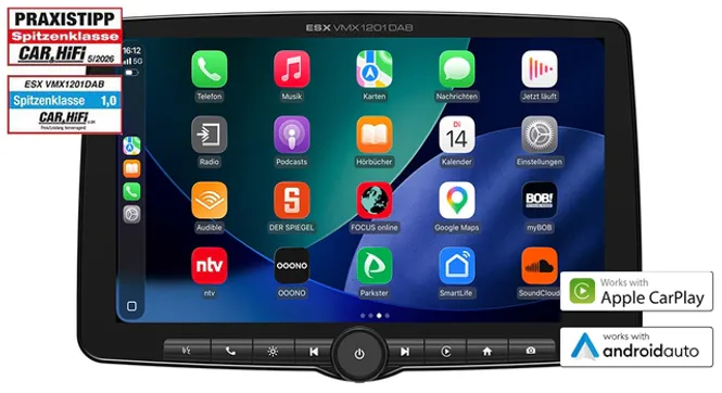 Hovedbilde ESX VMX1201DAB – 12” 1-DIN multimediaspiller med DAB+, Bluetooth, trådløs ...
